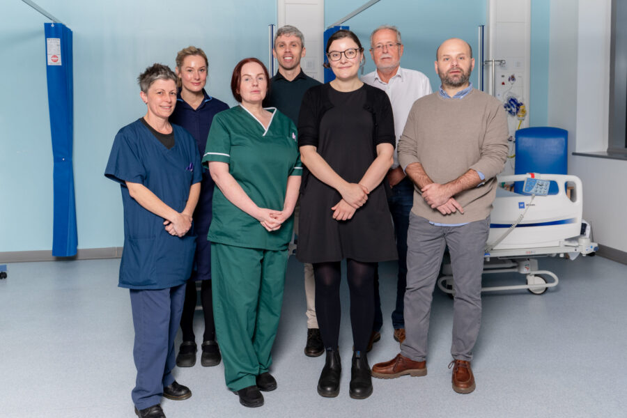 Picture shows the multi-disciplinary team involved in the CHILL study at Leeds Teaching Hospitals. Picture shows from left to right: Jena English - Senior Clinical Research Practitioner - CRF Hannah Newman - Lead nurse for SJUH and Haematology Research, Angela Bennett - Advanced Clinical Practitioner for SJUH CRF and Advanced Therapies, Dr Jonny Carmichael Consultant Haematologist and Sub Investigator, Prof Chris Twelves – NIHR CRF Leeds Clinical Director, Dr Michele Stanciu - Rheumatology Clinical Research Fellow and Dr Andrea Di Matteo - Consultant Rheumatologist.